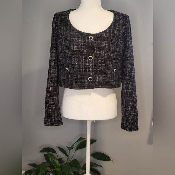 Rachel Zoe Black & White Tweed Crop Jacket with Silver Threading - Size 10 - Picture 1 of 9
